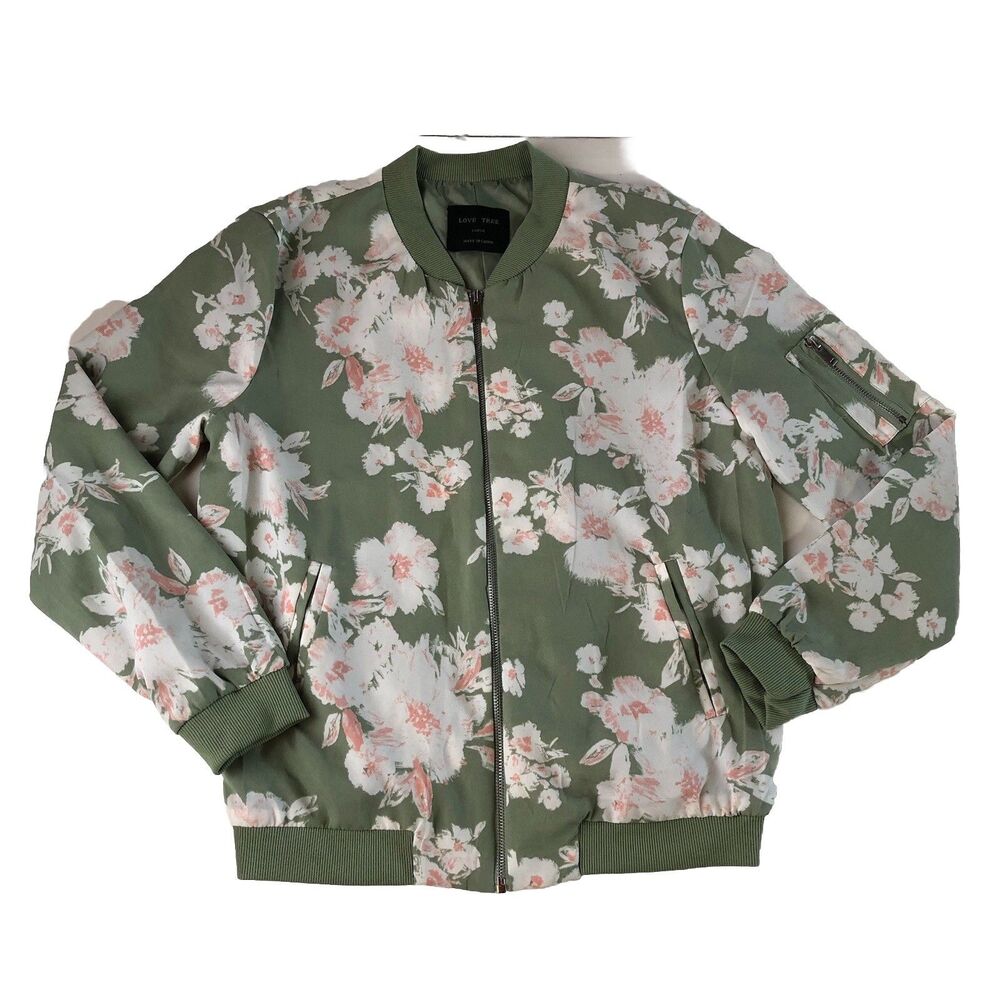 Love Tree Women’s Sage Green Floral Bomber Jacket Full Zip Utility Pocket Large